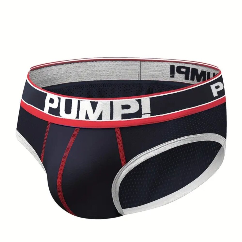 PUMP! Men Color Block Breathable Cotton Briefs Medium Navy Blue red strip